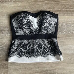 Vintage Corset Style Top Womens Black Embroidered Strapless Body Central Lace